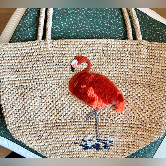 Embroidered Flamingo Raffia Tote - Handmade - Picture 6 of 12